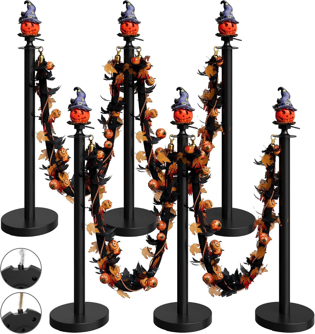 6 Pack Halloween Hat Pumpkin Head Black Stanchions and Velvet Ropes Set, Stai...