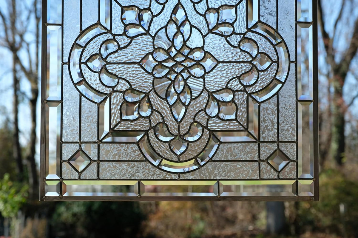 Stunning All Clear Stained Glass and Beveled Window Panel, 24"x 24"