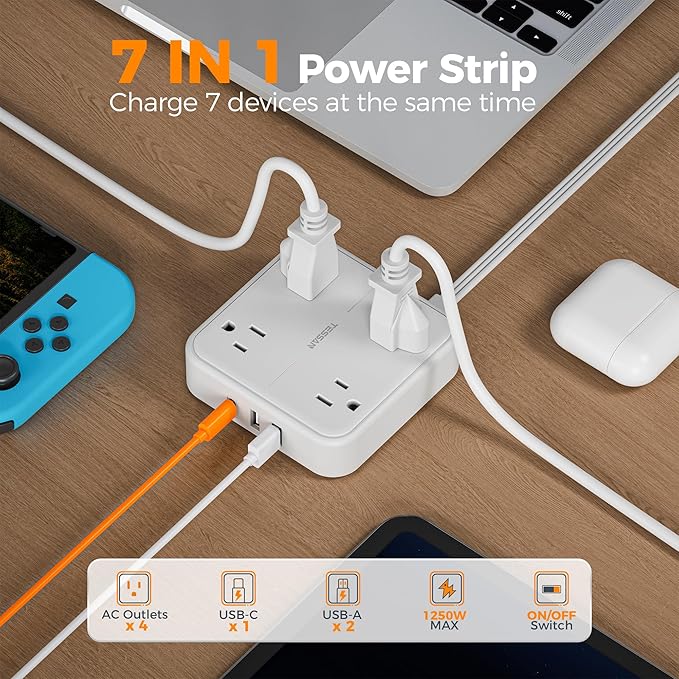 Surge Protector Flat Extension Cord 5FT, TESSAN Flat Plug Power Strip - Image 4