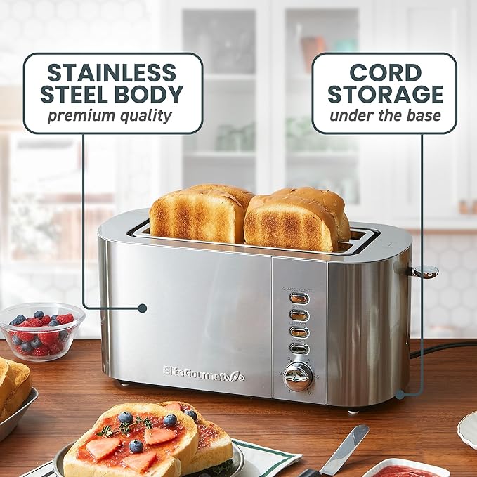 Elite Gourmet ECT4123 Long Slot 4 Slice Toaster, Extra Wide 1.5" and 5.1" Deep - Image 2