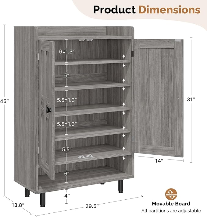 Farmhouse Shoe Cabinet with Doors, 6-Tier Wooden Shoe Organizer with Adjustable - Image 2
