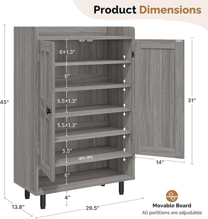 Farmhouse Shoe Cabinet with Doors, 6-Tier Wooden Shoe Organizer with Adjustable - Image 2