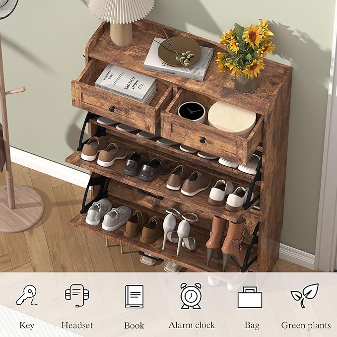 Shoe Cabinet with 2 Flip Drawers & 2 Storage Drawers, Rustic Farmhouse Narrow - Image 5