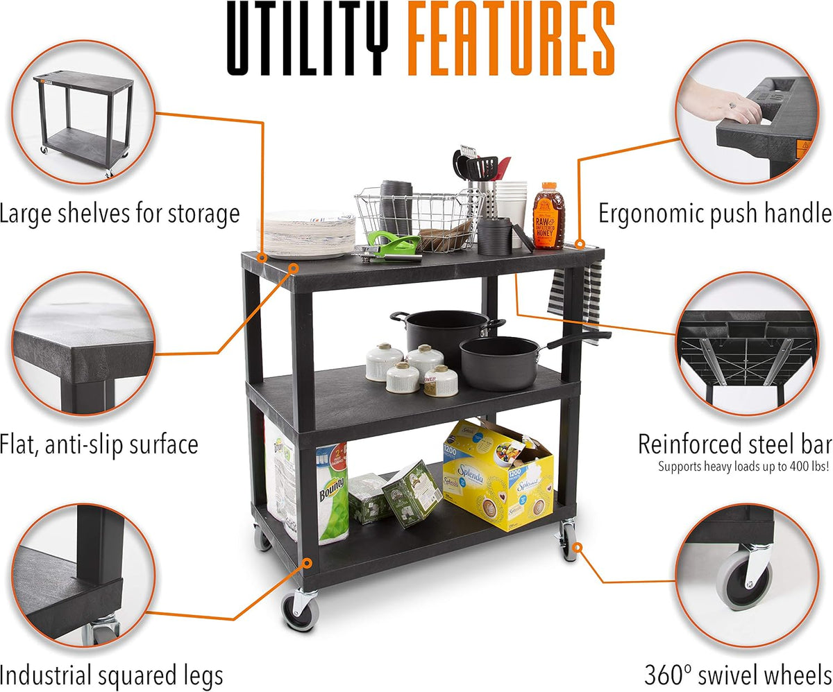 Stand Steady Tubstr 3 Flat Top Shelf Utility Cart Supports Up to 300 lbs - He...