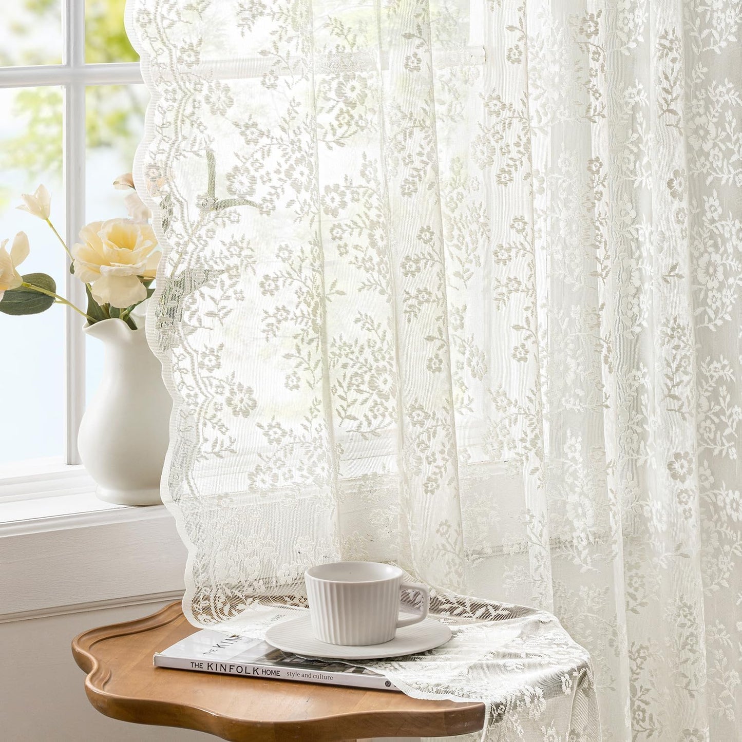 2 Panels Vintage Lace Curtains 63 Inches Length 52 x 63 Inch Ivory | Floral and Branch Pattern, Elegant, Romantic, Sheer, Light Filtering, Lacy Drapes, Living Room, Bedroom