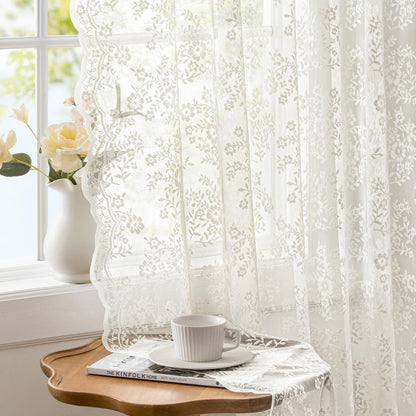 2 Panels Vintage Lace Curtains 63 Inches Length 52 x 63 Inch Ivory | Floral and Branch Pattern, Elegant, Romantic, Sheer, Light Filtering, Lacy Drapes, Living Room, Bedroom