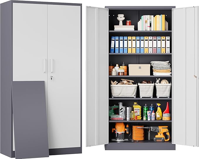 Metal Storage Cabinet with 2 Doors and 6 Shelves, Locking File Cabinet by SISESOL
