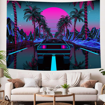 Ine Ive Urban Street Scene Tapestry Cars Palm Trees Sunset Starry Sky Wall Decoration Psychedelic Colorful Punk Tapestry for Living Room Bedroom Decor (#1, 90 * 84)