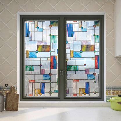 Stained Glass Window Film,16.9" x 78.7" 3D Decorative Static Cling Window Privacy Film,Non-Adhesive UV Blocking Heat Control Window Film (Simple Squares)