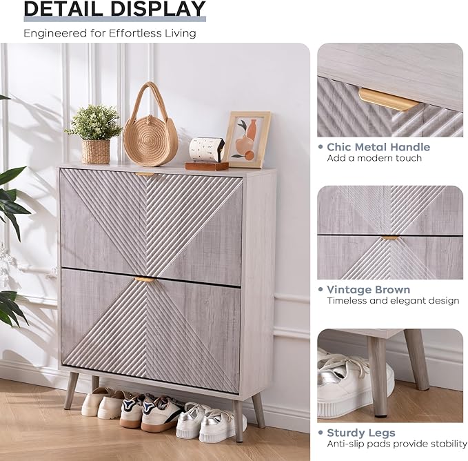 Shoe Cabinet with 2 Flip Drawers, Freestanding Shoe Cabinet Organizer with 4 - Image 6