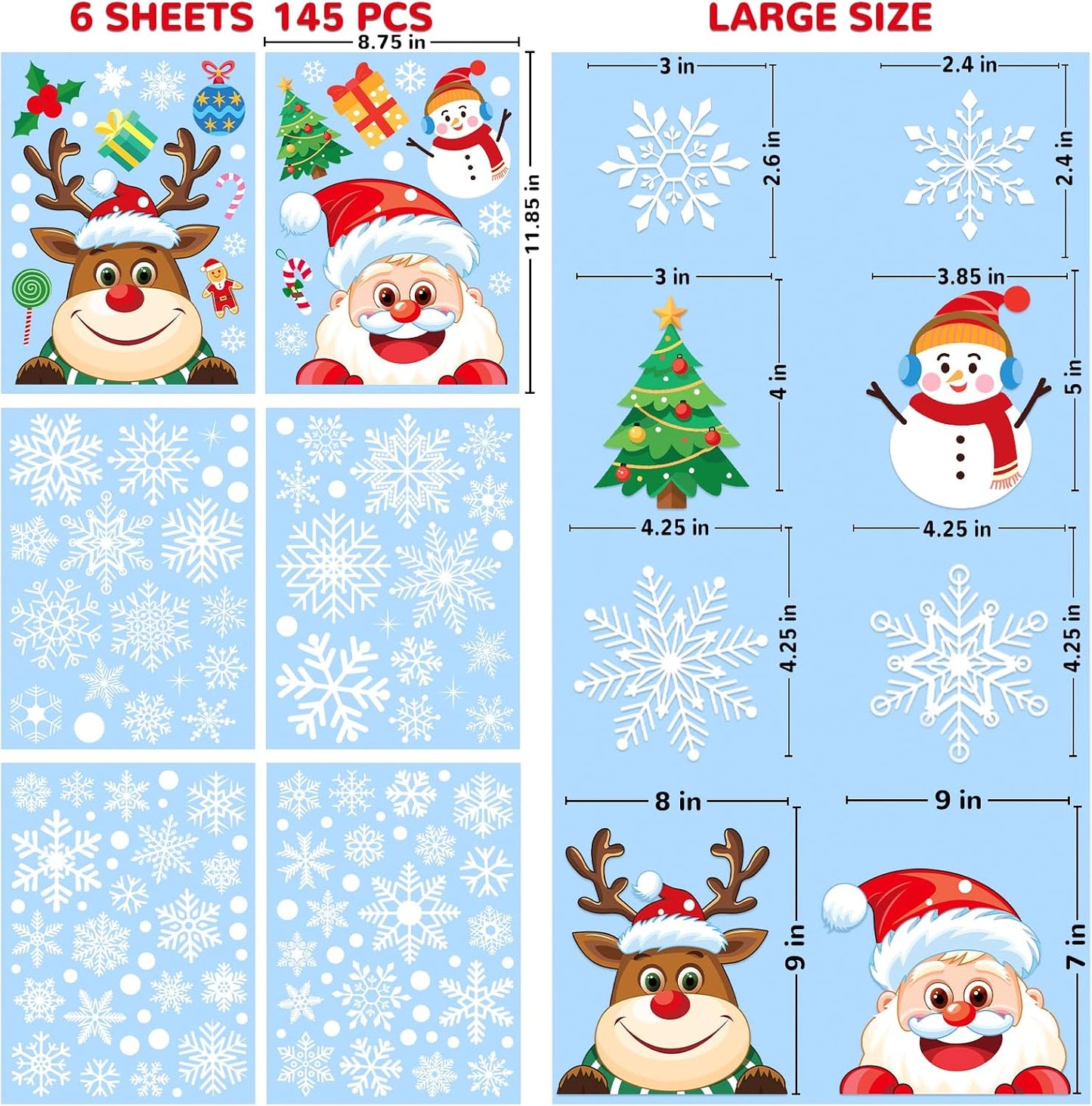 AOWDIAO Christmas Window Clings - 145 Pcs Xmas Glass Stickers, Santa, Snowflakes, Reindeer, Snowman - Winter Holiday Window Decorations for Festive Spirit