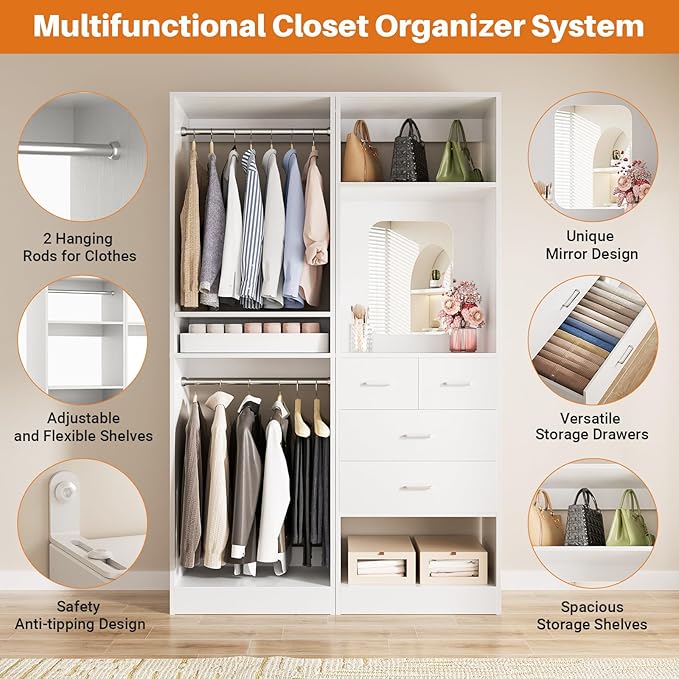 Unikito 50” Closet System with 4 Drawers, 4.2FT Wood Closet Organizer with - Image 3