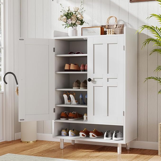 Farmhouse Shoe Cabinet with Doors, 6-Tier Wooden Shoe Organizer with Adjustable by Aivermeil