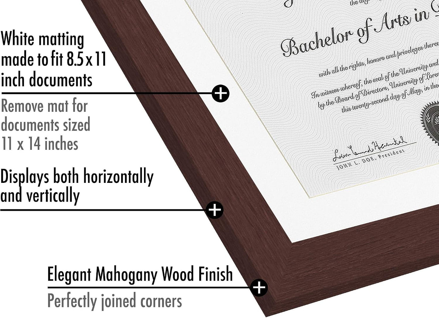 Americanflat 11x14 Diploma Frame with Shatter-Resistant Glass - Use as 8.5x11 Frame with Mat or Display 11x14 Documents Without Mat - Certificate Frames with Engineered Wood for Wall - Mahogany | Engineered Wood construction, Shatter-resistant glass