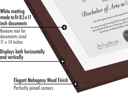 Americanflat 11x14 Diploma Frame with Shatter-Resistant Glass - Use as 8.5x11 Frame with Mat or Display 11x14 Documents Without Mat - Certificate Frames with Engineered Wood for Wall - Mahogany | Engineered Wood construction, Shatter-resistant glass