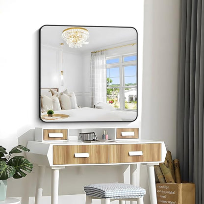 Bathroom Mirror, 39x39 inch Black Square Wall Mirror, Metal Frame Rounded - Image 5