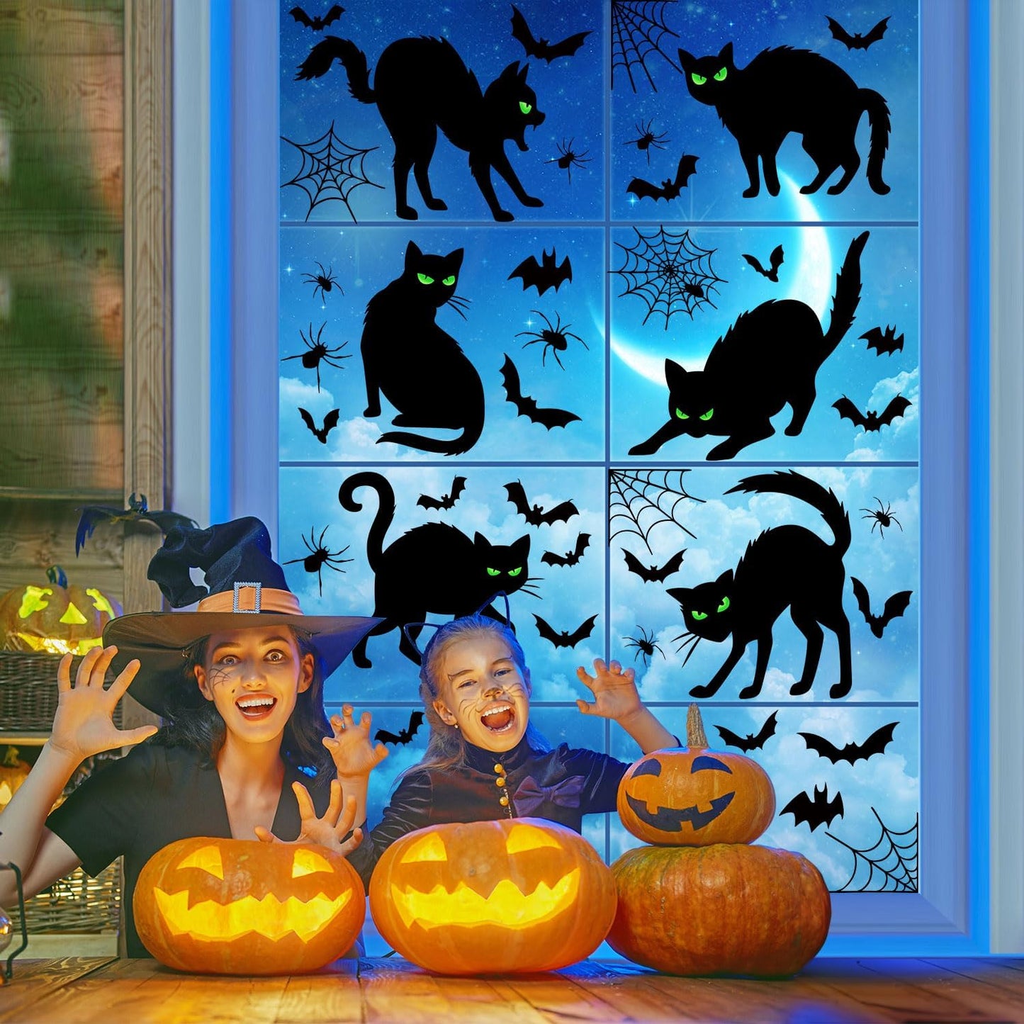 Halloween Black Cat Window Clings Decorations, Spooky Haunted House Bats Spider Web Scary Decals, Silhouette Removable Double-Side Black Cats Window Sticker Halloween Party Supplies 6 Sheets