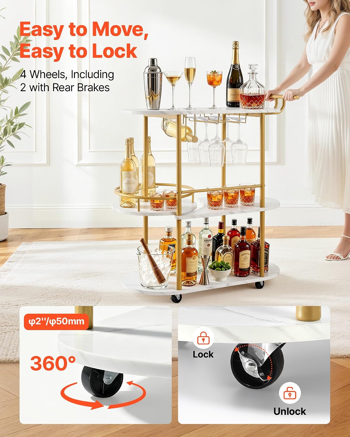 VEVOR Bar Cart, 3 Tiers Home Kitchen Serving Carts, Modern Round Rolling Util...