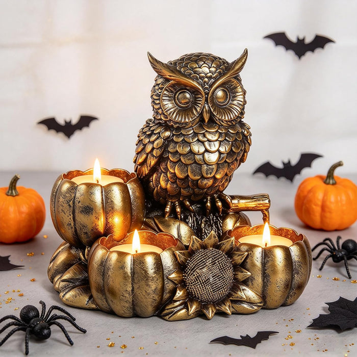 Gold Animal Candle Holders - Owl Vintage Rustic Pedestal Candlesticks, Harvest Festival Decor, Halloween Decorations, Centerpieces for Fireplace Mantle & Dining Table