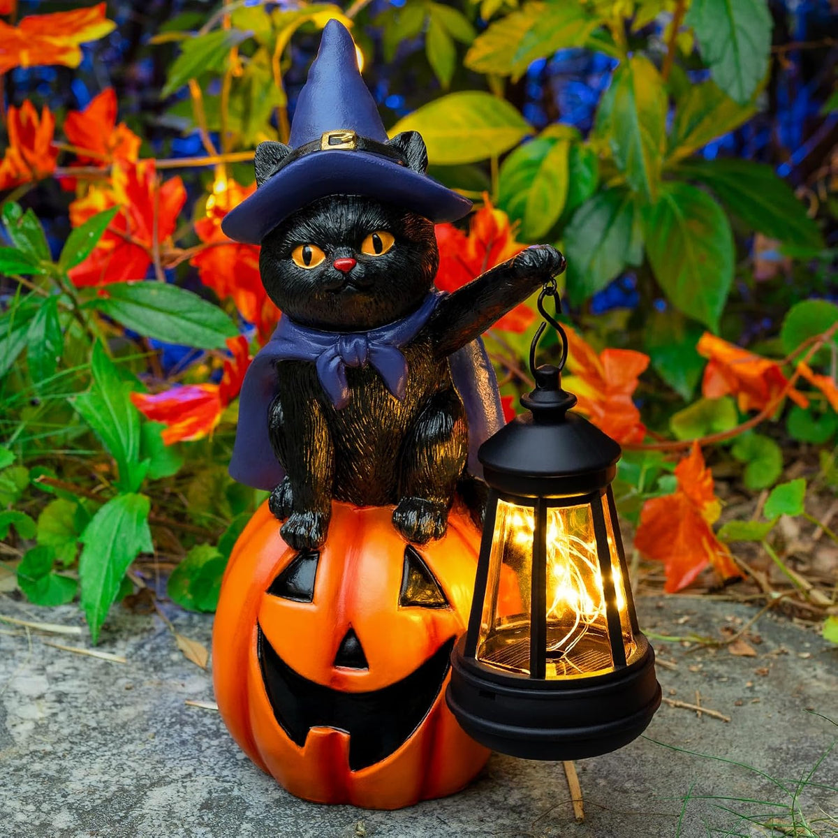 Halloween Black Cat Decor Solar Cat Garden Statues Sit On Pumpkin with LED La...