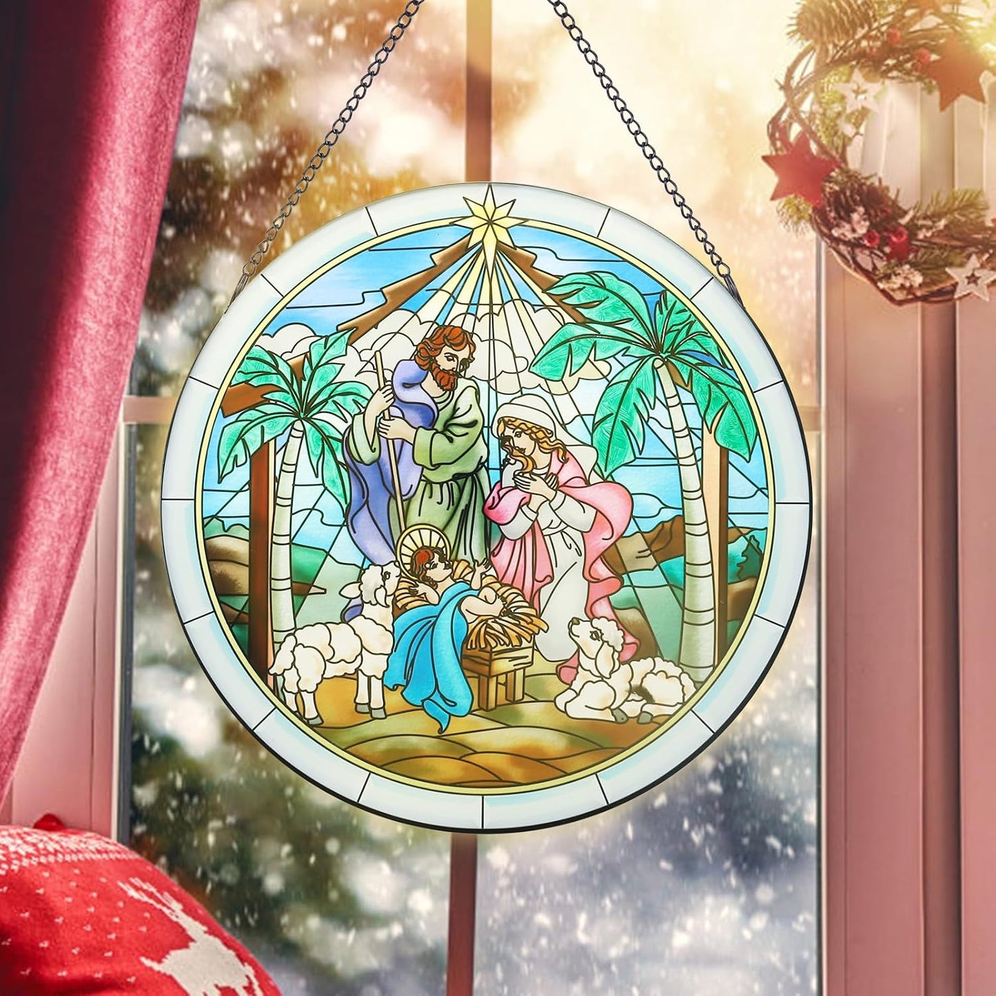 MUMTOP Nativity Stained Glass Window Hanging Christmas Wall Decor | Nativity scene glass suncatcher, hand-painted textured artwork, Christmas window decor and religious wall art