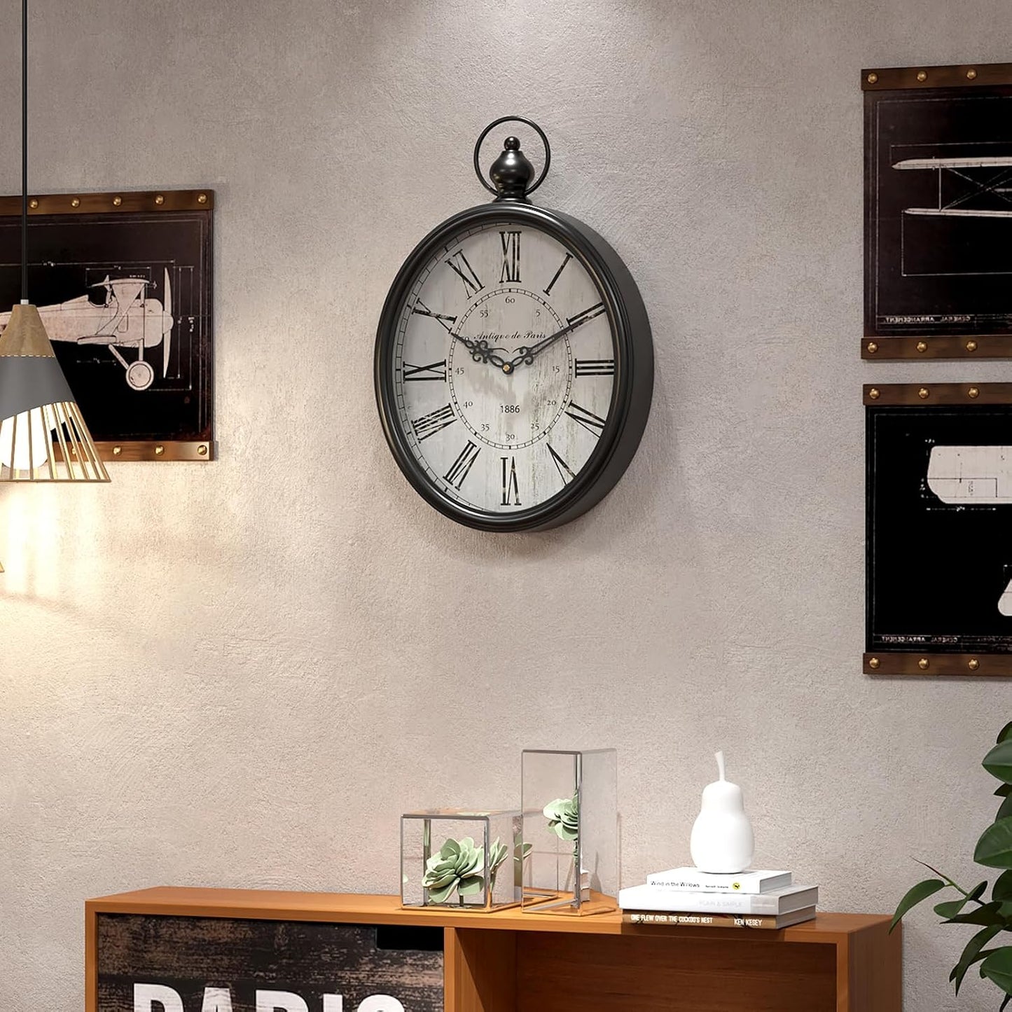 Menterry Large Oval Retro Wall Clock, Rustic Vintage Style, Antique Black | Battery Operated Silent Decor Wall Clocks for Living Room,Kitchen,Farmhouse,Office (15.5" H x 10.5" W)