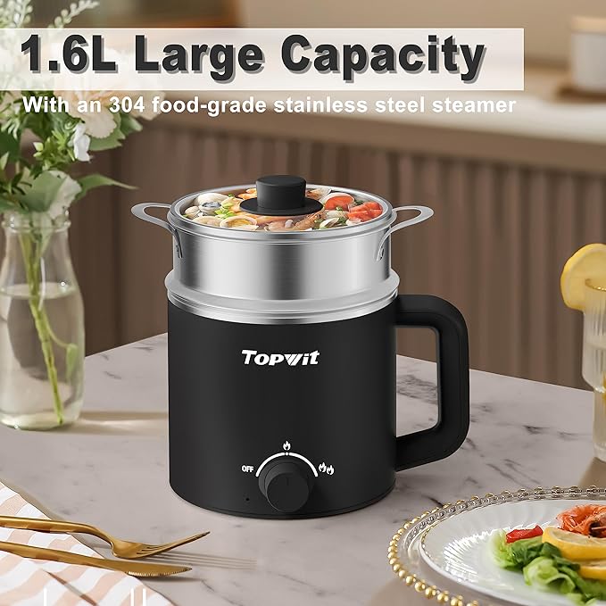 Topwit Hot Pot Electric with Steamer, 1.6L Ramen Cooker, Electric Pot - Image 3