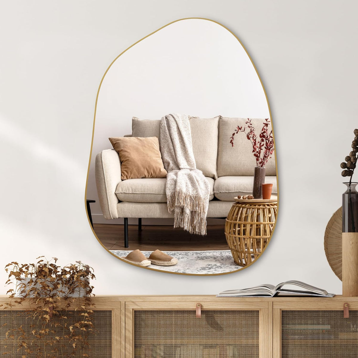 PERFNIQUE Irregular Asymmetrical Wall Mirror, 32"x24" Gold Bathroom Mirror | Decorative modern boho mirror with gold finish. HD glass mirror for bedroom, living room, entryway, mantel and vanity decor