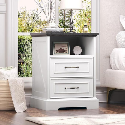 Nightstand with Charging Station, Rustic Farmhouse Wood Small Dresser, Bedside by Thacuok