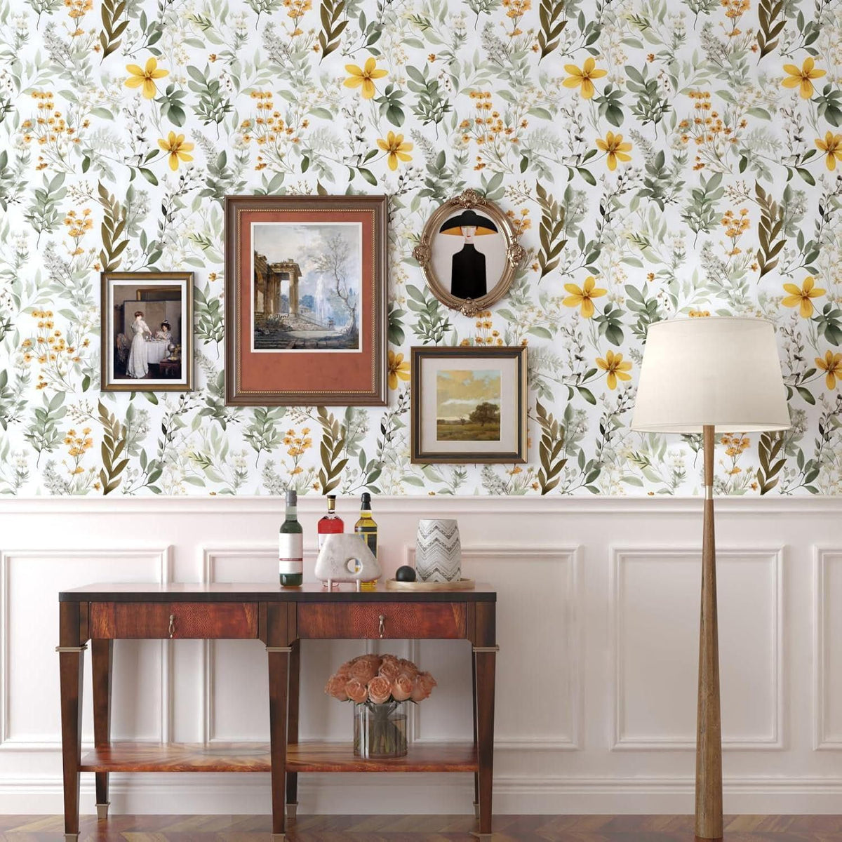 Vintage Green Yellow Wild Floral Botanical Wallpaper 17.5"x393" | Self Adhesive/Removable/Waterproof/Thick Vinyl Contact Paper for Bathroom Bedroom Shelf Cabinet Drawer,Prepasted,Easy Peel