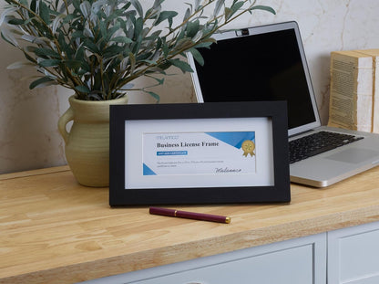 MELANNCO Business License Certificate Frame, 11.5 x 6.5 In Black Frame with 5 x 10 Mat Opening for 3 x 7.5 In Document, Wall Display for Diploma, Degree, or Professional License