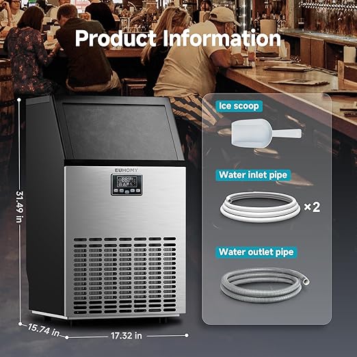 EUHOMY Commercial Ice Maker Machine, Moon-Shaped Ice, 100lbs/24H Stainless - Image 7