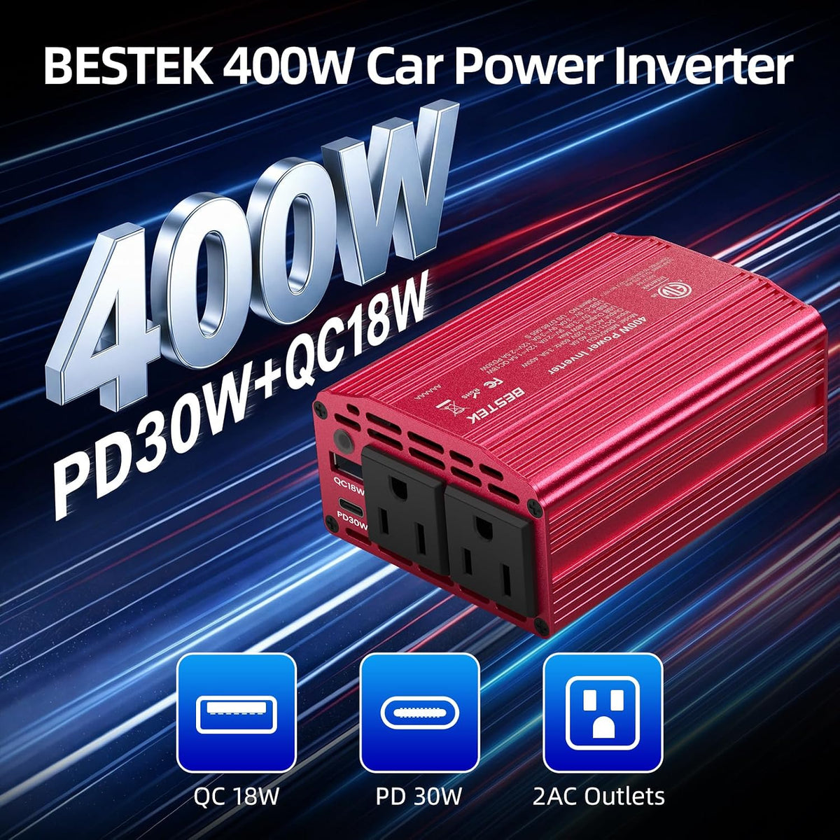 BESTEK 400W Car Power Inverter 12V to 110V Car Charger Plug Adapter[Red]