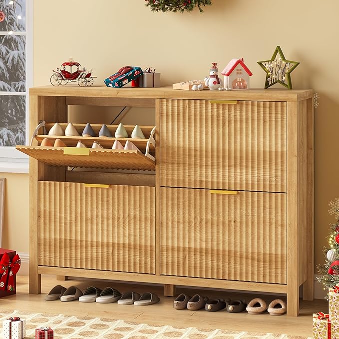 Shoe Cabinet Storage for Entryway, Fluted Shoe Cabinet - Image 3