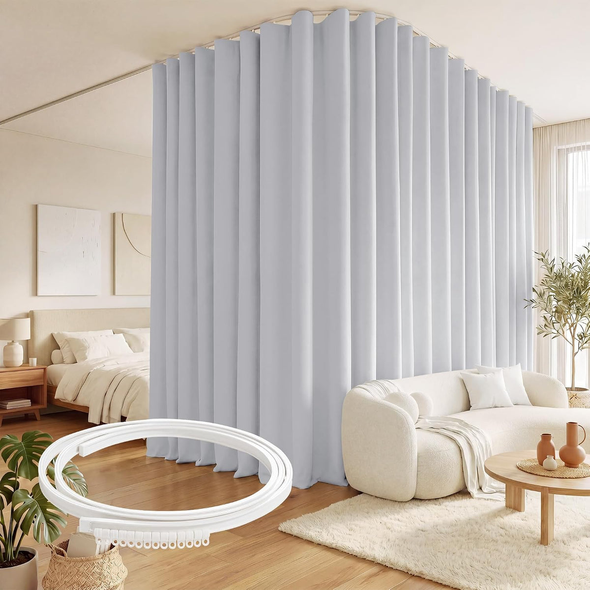 RYB HOME Room Divider Curtain with Flexible Track Wall/Ceiling Mount | Drape for Sliding Door/Living Room/Bedroom/Blackout, Floor to Ceiling with Hooks, Greyish White, W100 x L108, 1 Panel