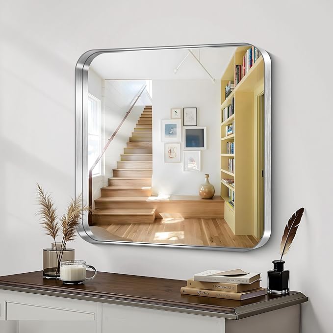 CIRCUMI Silver Bathroom Mirror, Rounded Corner, Tempered Glass, Square Mirror - Image 2