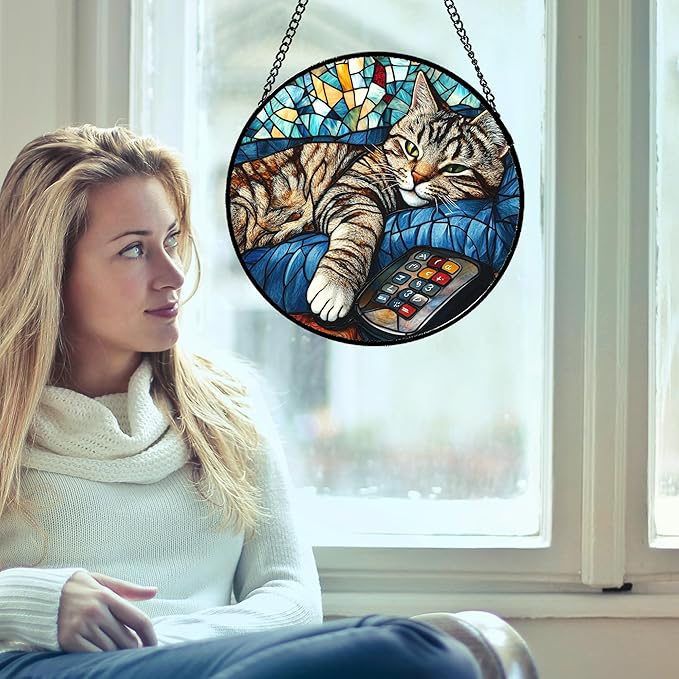 DASTOLL Stained Glass Window Hanging Gray Cat and Remote Control Large 11.8" - Image 3