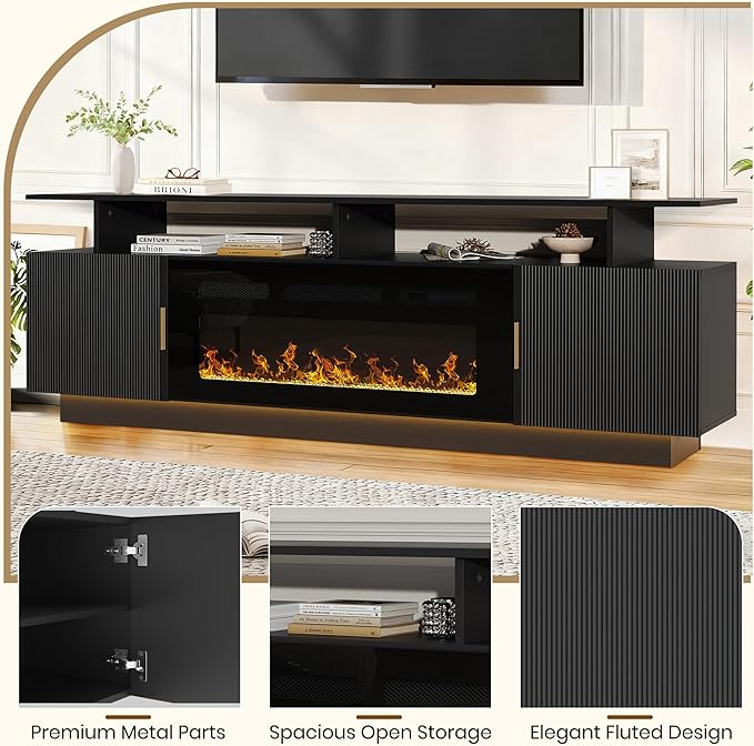 70” Fluted TV Stand with 36” Electric Fireplace, 2 Tier TV Console Cabinet with - Image 7