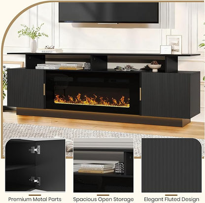 70” Fluted TV Stand with 36” Electric Fireplace, 2 Tier TV Console Cabinet with - Image 7