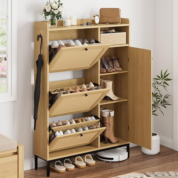 Rattan Wooden Shoe Cabinet, Freestanding 3-Flip Drawer Shoe Storage Organizer - Image 3