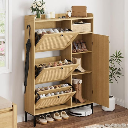 Rattan Wooden Shoe Cabinet, Freestanding 3-Flip Drawer Shoe Storage Organizer - Image 3