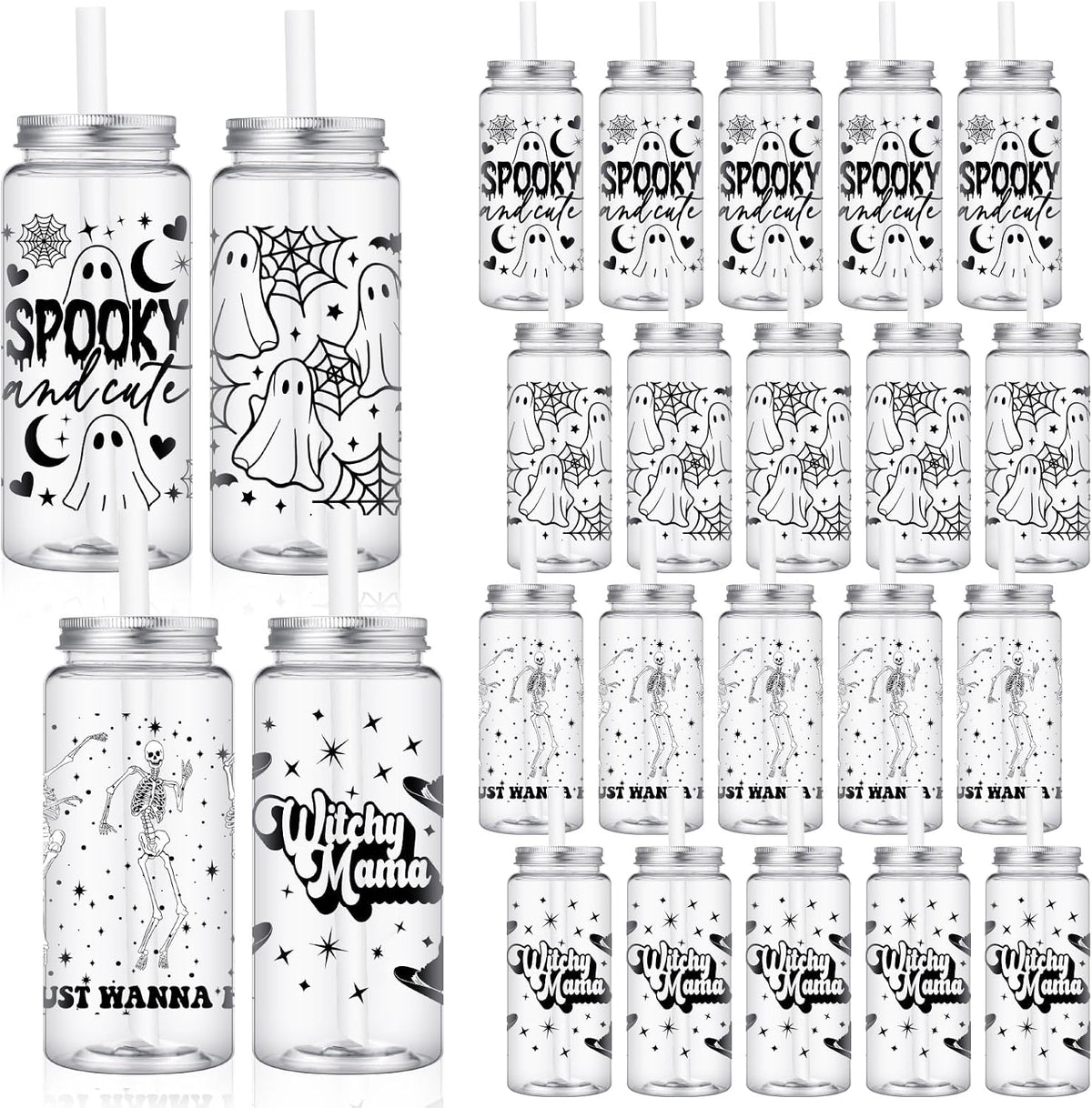 Meanplan 24 Pcs Halloween Ghost Plastic Cup with Lids and Straws Bulk 14 oz