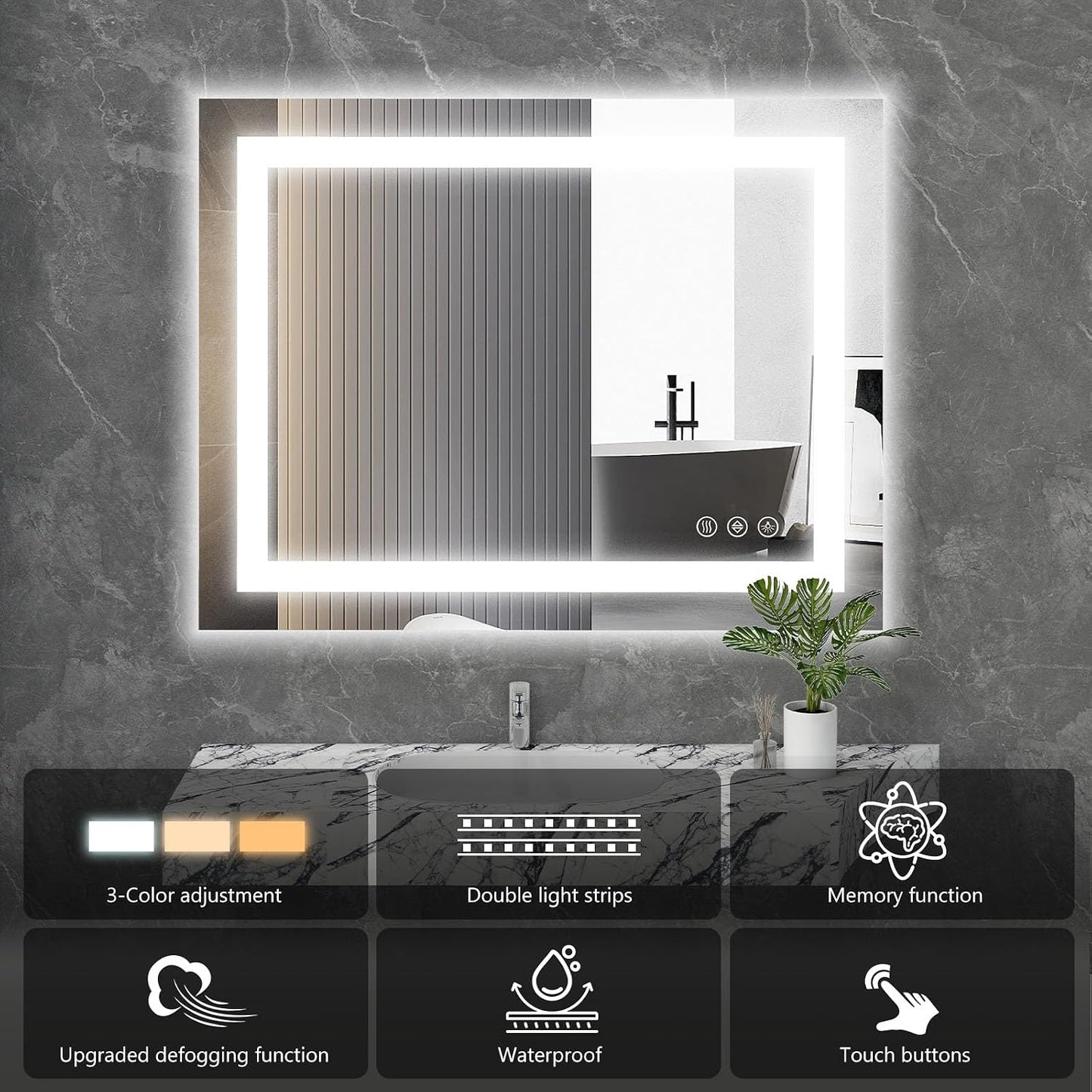 Sweetcrispy 24"x 32" Rectangle LED Bathroom Mirror,Front Light and Backlit, Adjustable Lights and Smart Memory Functionr - Enhanced Anti-Fog Feature, Pure White