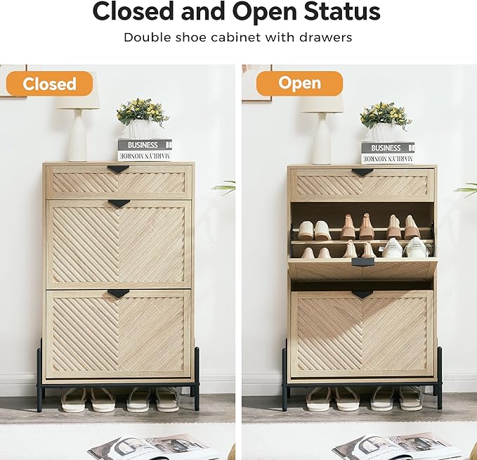 Shoe Cabinet Storage with 2 Flip Drawers, Narrow Hidden Shoes Cabinet Organizer - Image 6