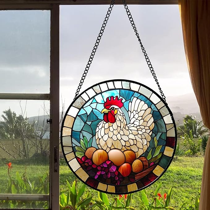DASTOLL Stained Glass Window Hanging White Chicken Hatching Eggs Large 11.8" - Image 4