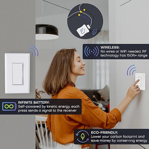 RunLessWire 3-Way Battery-Free DIY Wireless Light Switch Kit 150ft RF Range - Image 3