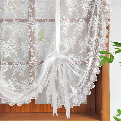 White Floral Lace Tie Up Curtain, Adjustable Lift Balloon Window Shade | Scalloped Edge Kitchen Curtain, Light Filtering Sheer Lace Curtain for Cafe Bathroom Rod Pocket, 1 Panel (W35 L39 inch)