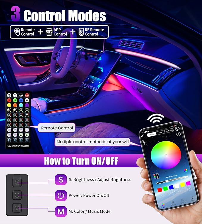 KENANEK 234’’ Acrylic Car Ambient Lighting Kit – 8 RGB LED Light Strips - Image 6