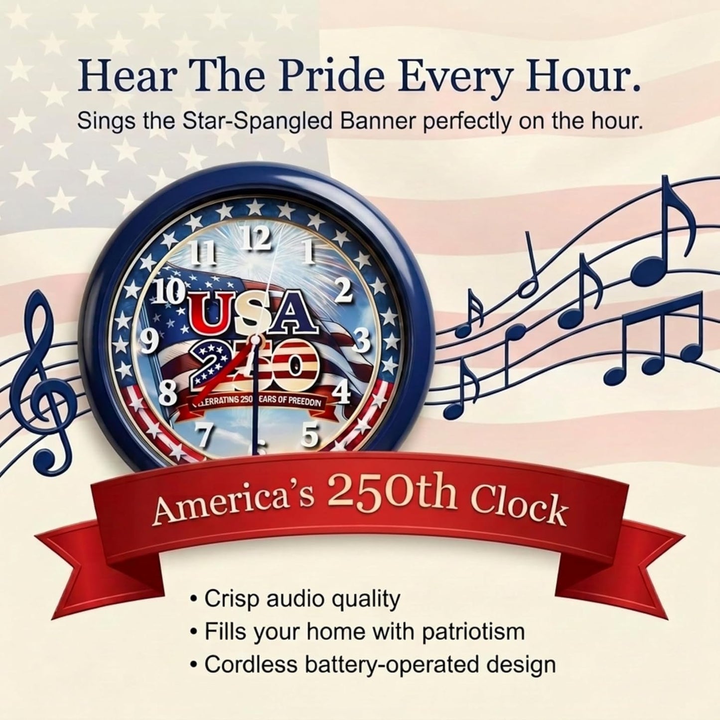 Wall Clock, America 250 Musical Anthem, Battery, Blue | 10-inch Analog Clock, Patriotic Design, Silent Hours Programmable, Plays Star-Spangled Banner | Batteries Not Included