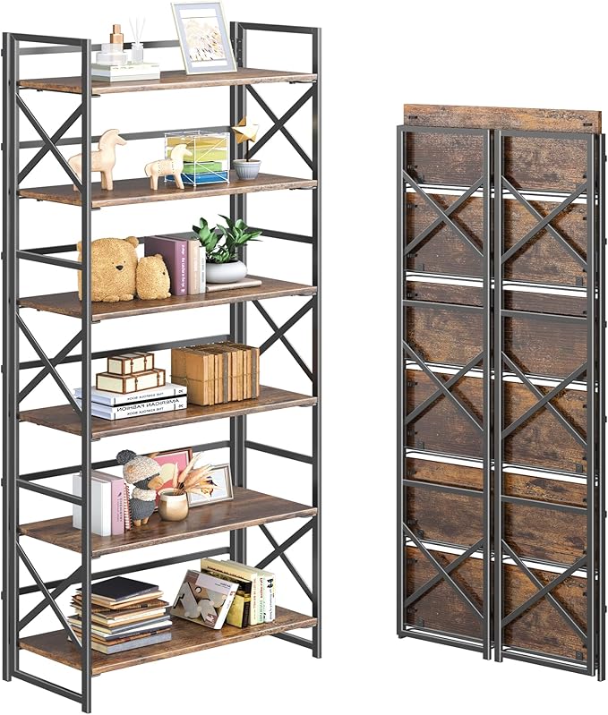 4NM 6 Tiers No Assembly Book Shelves, 61.8" H Folding Bookshelf Bookcase Open by 4NM